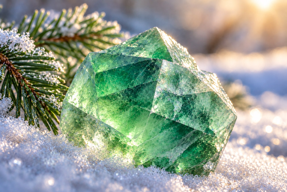 Grüner Fluorit liegt im Schnee mit Tannenzweigen im Hintergrund