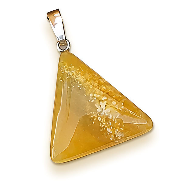Dreieckiger Kettenanhänger aus dem Heilstein Honigopal mit golden glitzernden Einschlüssen